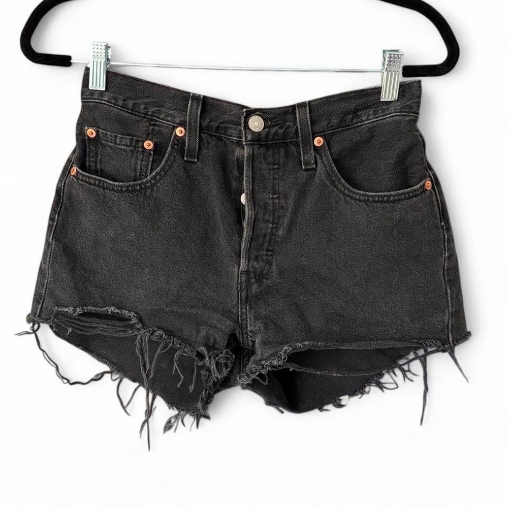 LEVI'S Womens 501 High Rise Button Fly Cut Off Distressed Black Denim Shorts W27